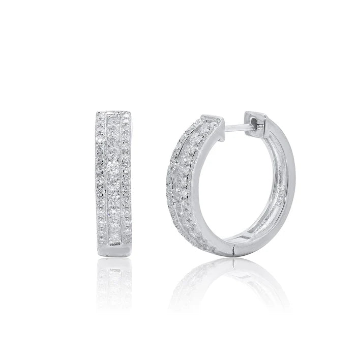 Rhodium Plated 925 Sterling Silver Moissanite Studded 12.5mm Hoop Earring
