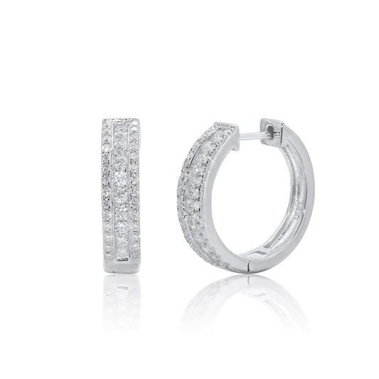 Rhodium Plated 925 Sterling Silver Moissanite Studded 12.5mm Hoop Earring