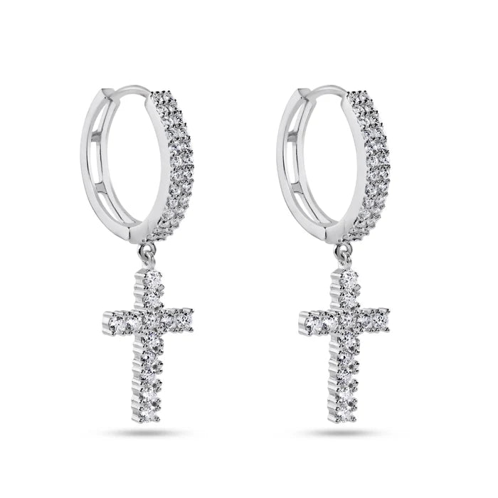 Rhodium Plated 925 Sterling Silver Moissanite Cross Hoop Earring