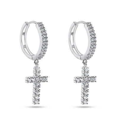 Rhodium Plated 925 Sterling Silver Moissanite Cross Hoop Earring