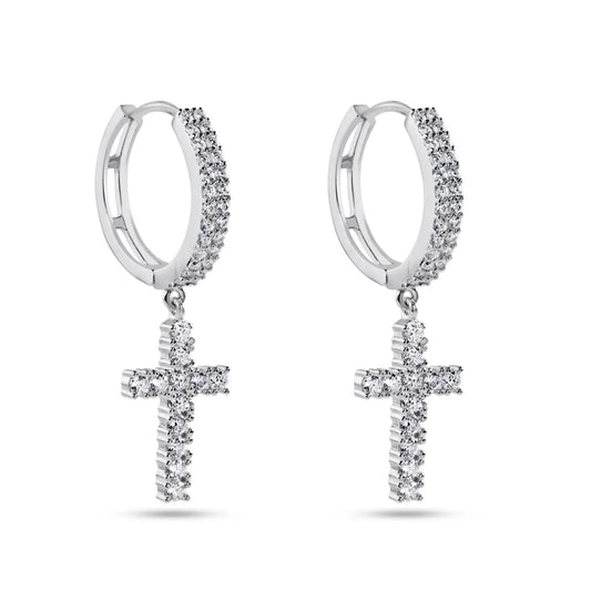 Rhodium Plated 925 Sterling Silver Moissanite Cross Hoop Earring