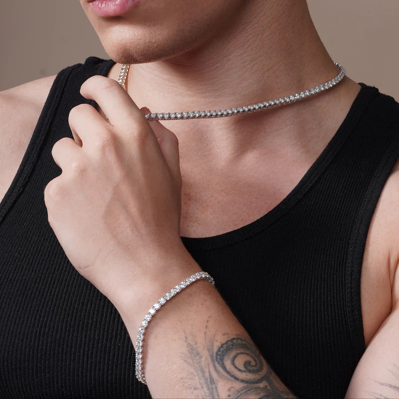 Rhodium Plated 925 Sterling Silver Moissanite Stone 4mm Tennis Necklace or Bracelet Made in Italy