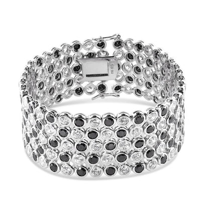 Rhodium Plated 925 Sterling Silver 5 Row Round Blk & Clear Bubble Bracelet