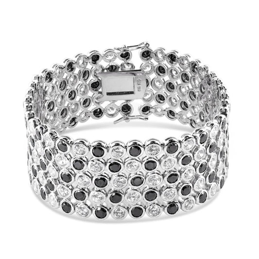 Rhodium Plated 925 Sterling Silver 5 Row Round Blk & Clear Bubble Bracelet