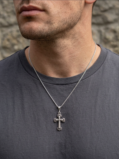 Sterling Silver Small Cross Necklace – Oxidized Cross Pendant – 2mm Rope Chain 22" – Unisex