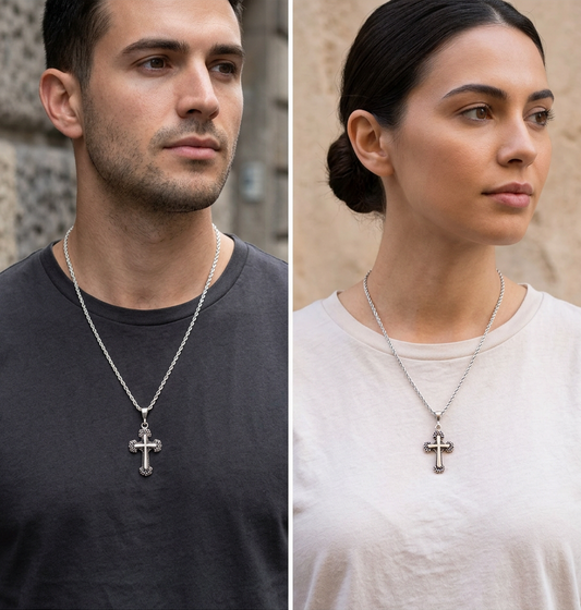 Sterling Silver Small Cross Necklace – Oxidized Cross Pendant – 2mm Rope Chain 22" – Unisex