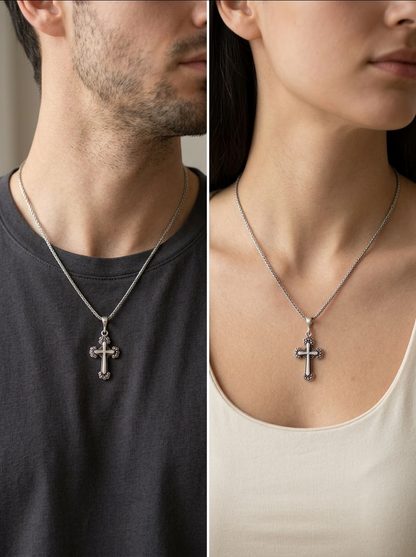 Sterling Silver Small Cross Necklace – Oxidized Cross Pendant – 2mm Rope Chain 22" – Unisex