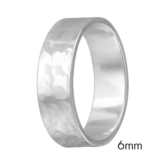 High Polished 925 Sterling SilverHand Hammered Wedding Band Flat Ring 6MM