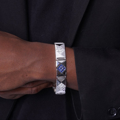 Rhodium Plated 925 Sterling Silver Clear with Blue or Yellow CZ Diamond Shaped Men's Hip Hop Bracelet