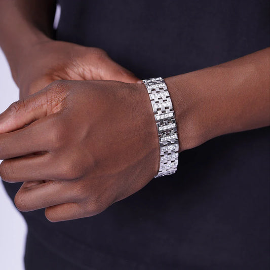 Men's Rhodium Plated 925 Sterling Silver Interlocking Clear Square CZ Studded 15mm Bracelet
