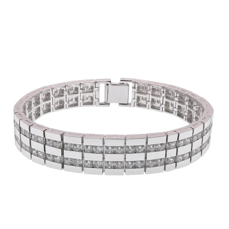 Rhodium Plated 925 Sterling Silver Clear 2 Row CZ Men's Hip Hop Bracelet