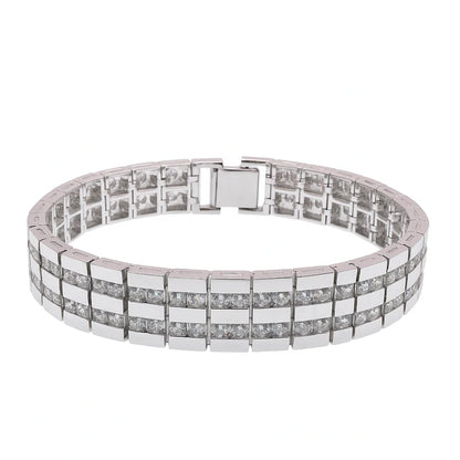 Rhodium Plated 925 Sterling Silver Clear 2 Row CZ Men's Hip Hop Bracelet