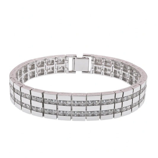 Rhodium Plated 925 Sterling Silver Clear 2 Row CZ Men's Hip Hop Bracelet