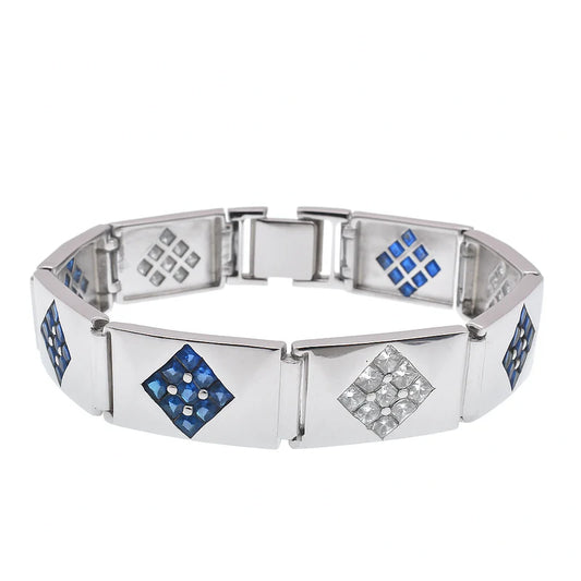 Rhodium Plated 925 Sterling Silver Clear with Blue or Yellow CZ Diamond Shaped Men's Hip Hop Bracelet