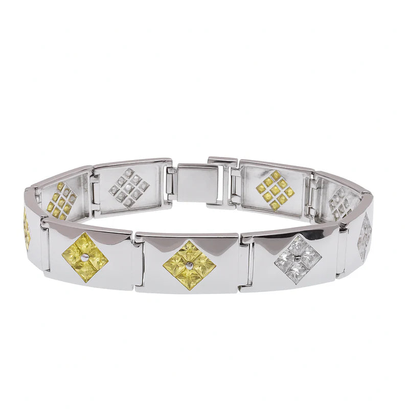 Rhodium Plated 925 Sterling Silver Clear with Blue or Yellow CZ Diamond Shaped Men's Hip Hop Bracelet