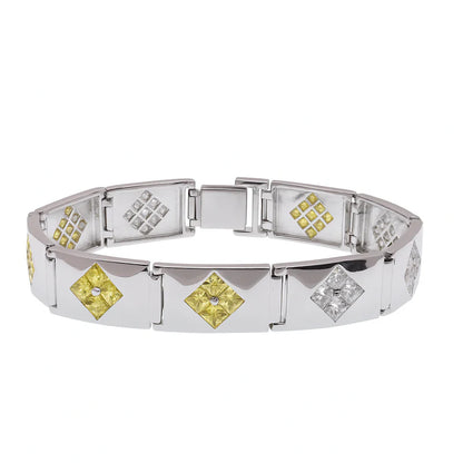 Rhodium Plated 925 Sterling Silver Clear with Blue or Yellow CZ Diamond Shaped Men's Hip Hop Bracelet