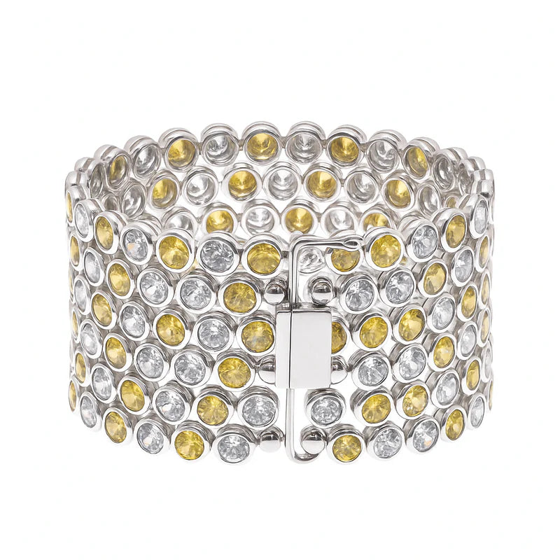 Rhodium Plated 925 Sterling Silver 5 Row Round Blk & Clear Bubble Bracelet