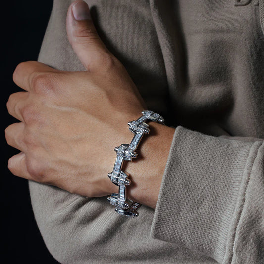 Rhodium Plated 925 Sterling Silver DC CZ Alternating Hinge Men's Bracelet