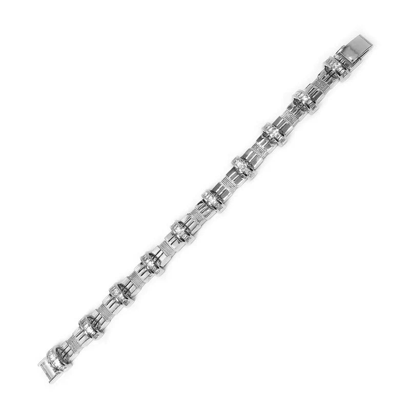 Rhodium Plated 925 Sterling Silver CZ Encrusted Arc Men's Bracelet