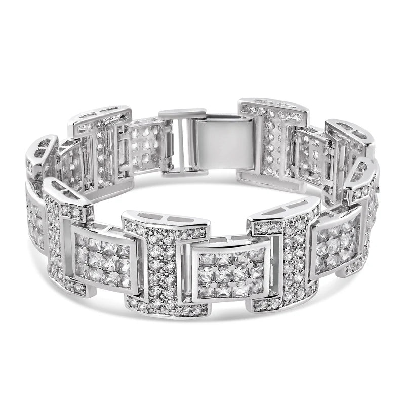 Men's Rhodium Plated 925 Sterling Silver Link Clear Square and Round CZ Studded 20mm Bracelet
