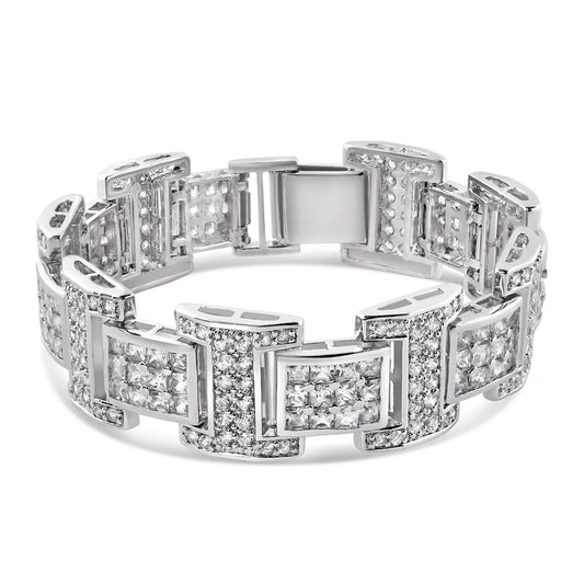 Men's Rhodium Plated 925 Sterling Silver Link Clear Square and Round CZ Studded 20mm Bracelet