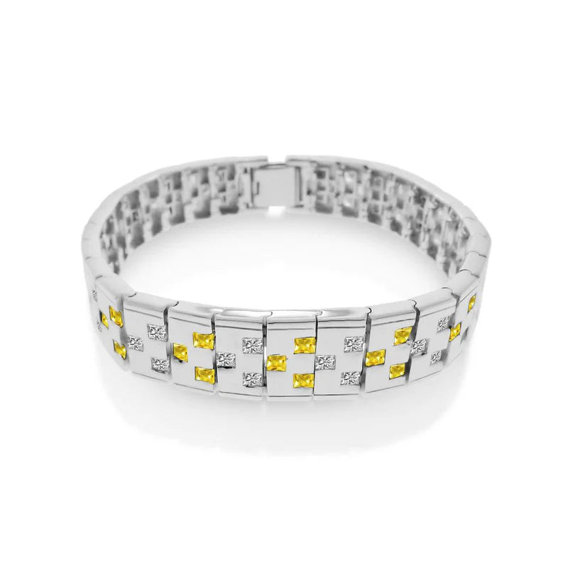 Rhodium Plated 925 Sterling Silver Men's Yellow and Clear CZ Checkered Men's Bracelet