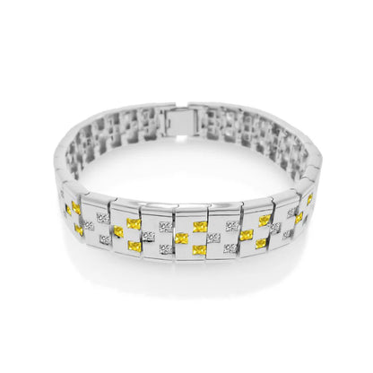 Rhodium Plated 925 Sterling Silver Men's Yellow and Clear CZ Checkered Men's Bracelet