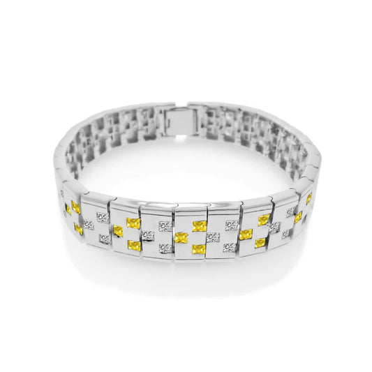 Rhodium Plated 925 Sterling Silver Men's Yellow and Clear CZ Checkered Men's Bracelet