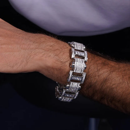 Men's Rhodium Plated 925 Sterling Silver Link Clear Square and Round CZ Studded 20mm Bracelet