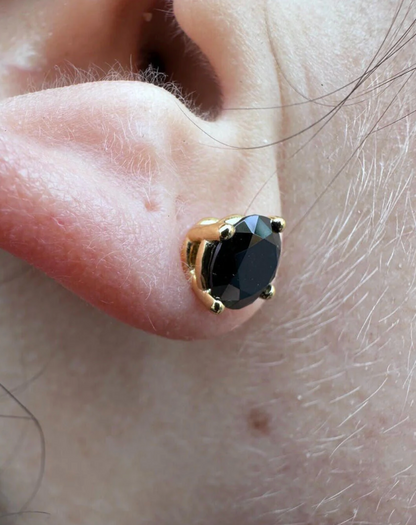 14 Karat Yellow Gold Screw Backing Black CZ Round Stud Earring