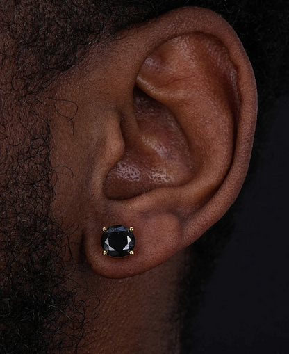 14 Karat Yellow Gold Screw Backing Black CZ Round Stud Earring