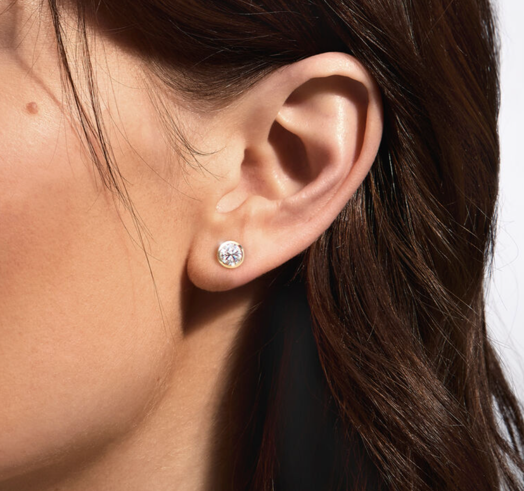 14 Karat Yellow Gold Push Back Bezel Round CZ Stud Earring