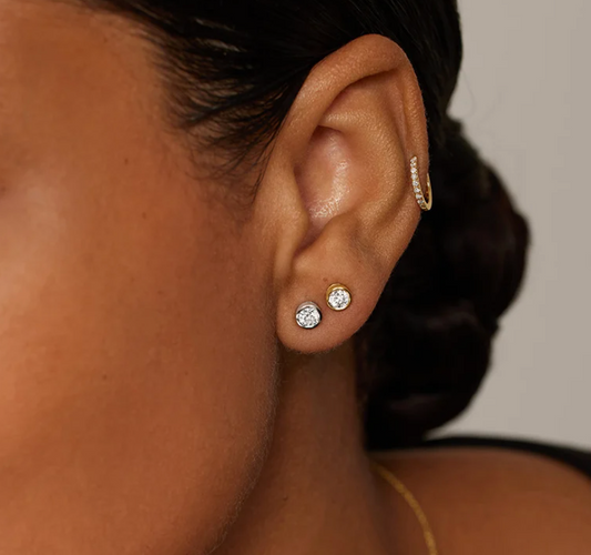 14 Karat Yellow Gold Push Back Bezel Round CZ Stud Earring