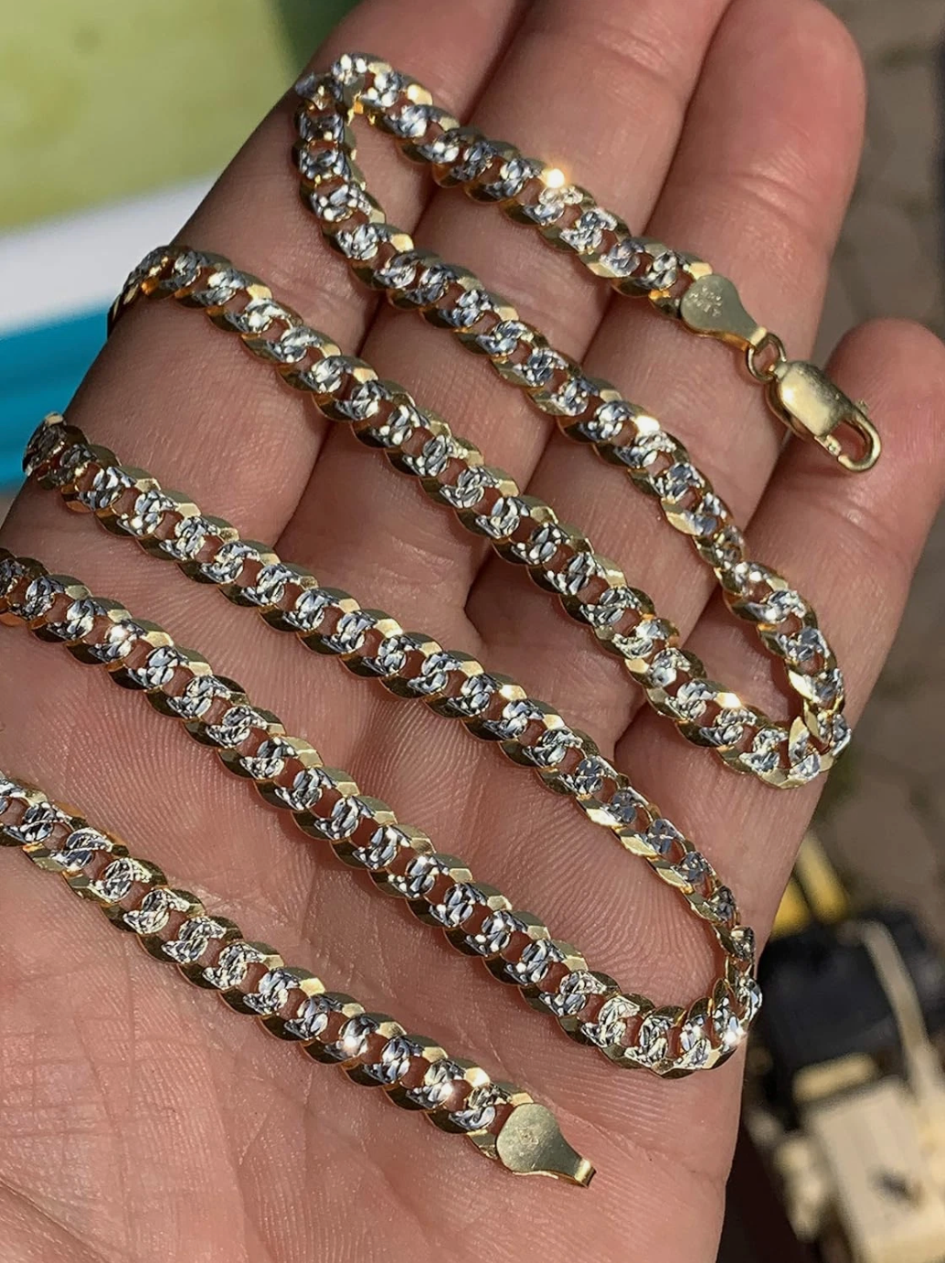 Flat Curb Cuban Chain Necklace - Two Tone Diamond Cut 14k Gold Vermeil 925 Sterling Silver