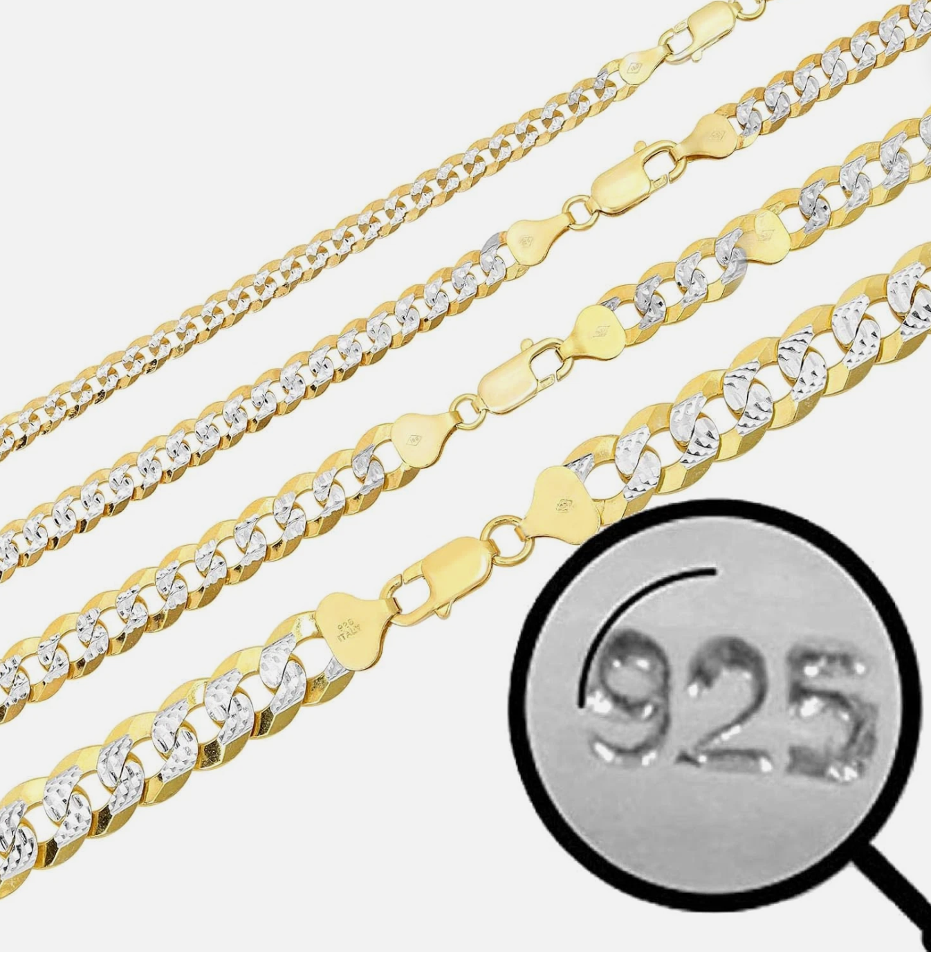 Flat Curb Cuban Chain Necklace - Two Tone Diamond Cut 14k Gold Vermeil 925 Sterling Silver