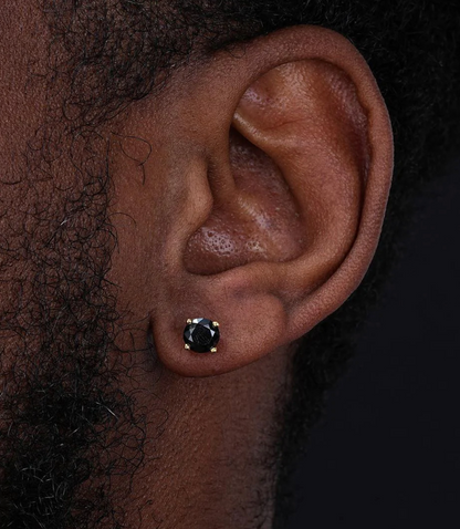 14 Karat Yellow Gold Screw Backing Black CZ Round Stud Earring