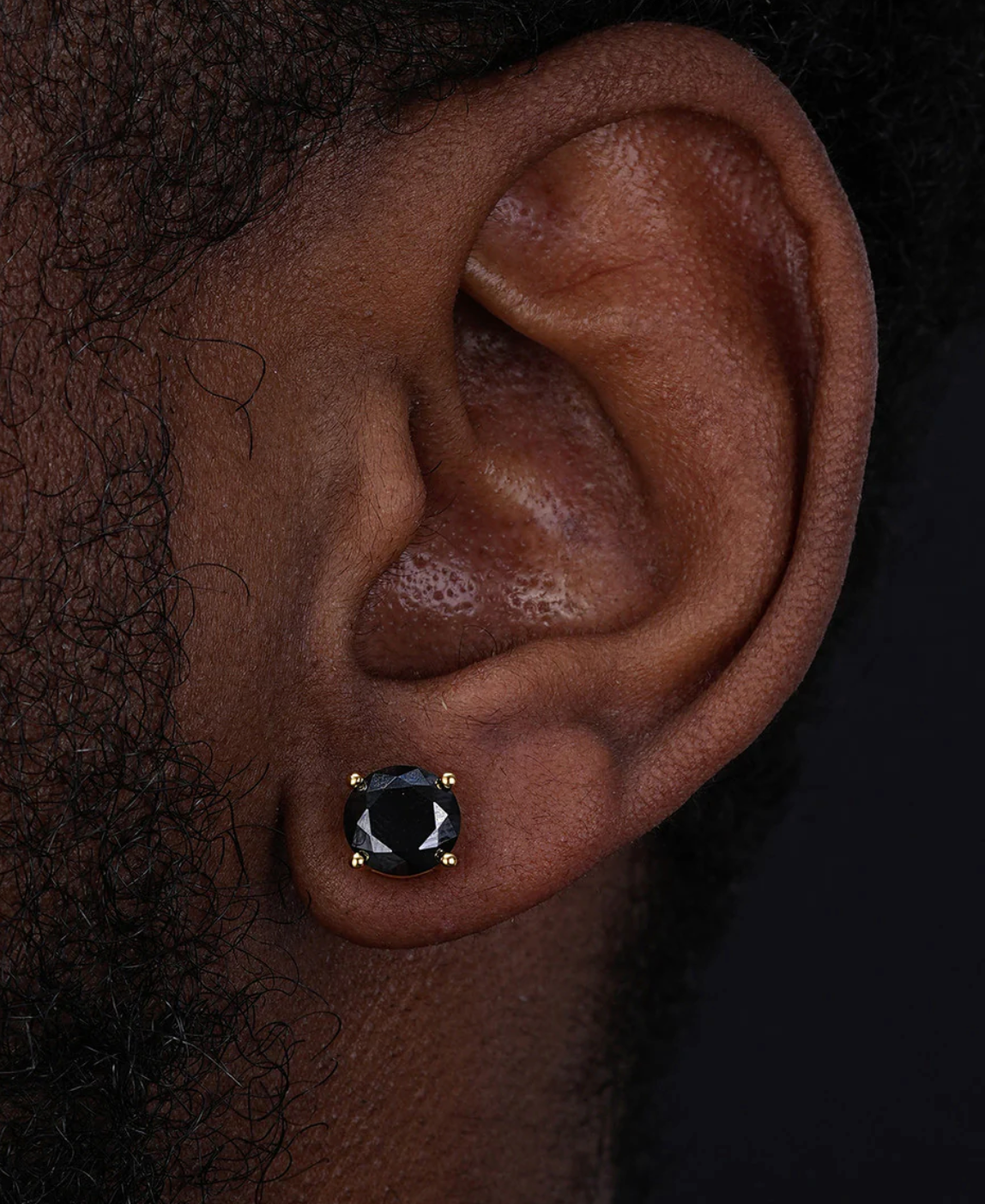 14 Karat Yellow Gold Screw Backing Black CZ Round Stud Earring