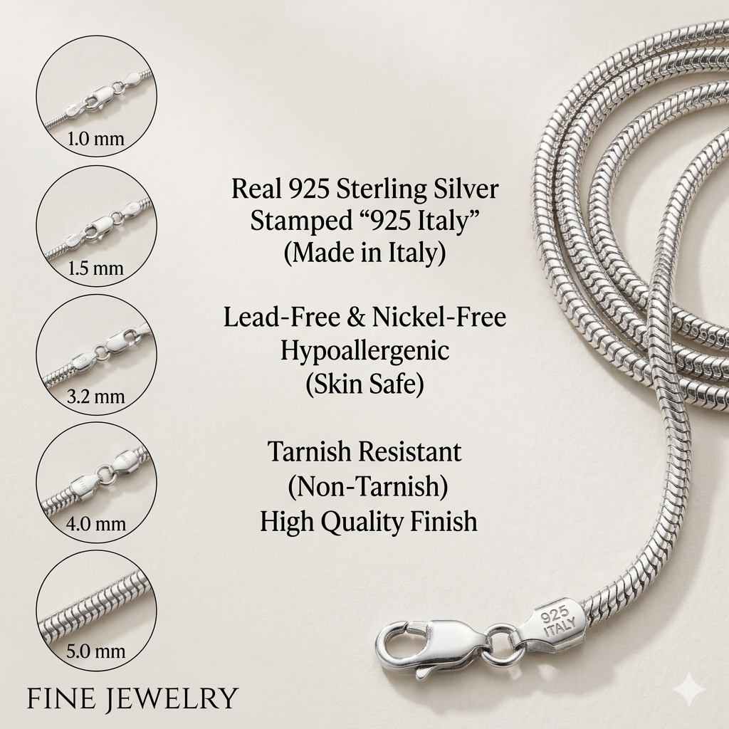 925 Sterling Silver Round Snake Chain Necklace 0.7-4mm All Sizes Made in Italy