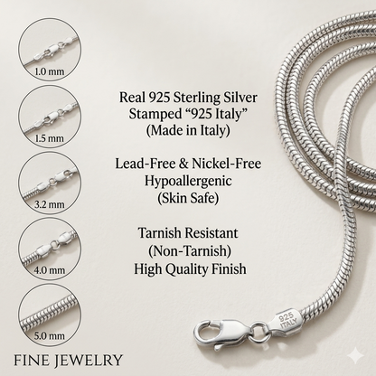 925 Sterling Silver Round Snake Chain Necklace 0.7-4mm All Sizes Made in Italy