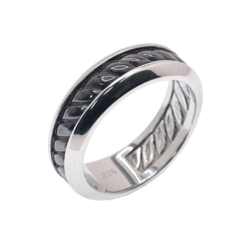 Rhodium and Black Rhodium Plated 925 Sterling Silver Men's Twisted Rope Band 7.2mm Ring