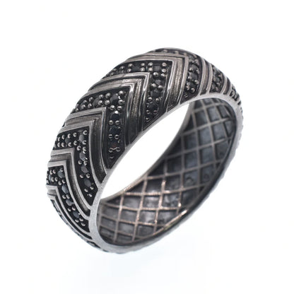 Black Rhodium Plated 925 Sterling Silver Men's Pattern Band Black CZ 8.3mm Ring