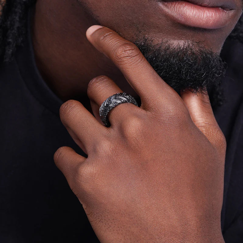 Black Rhodium Plated 925 Sterling Silver Men's Pattern Band Black CZ 8.3mm Ring