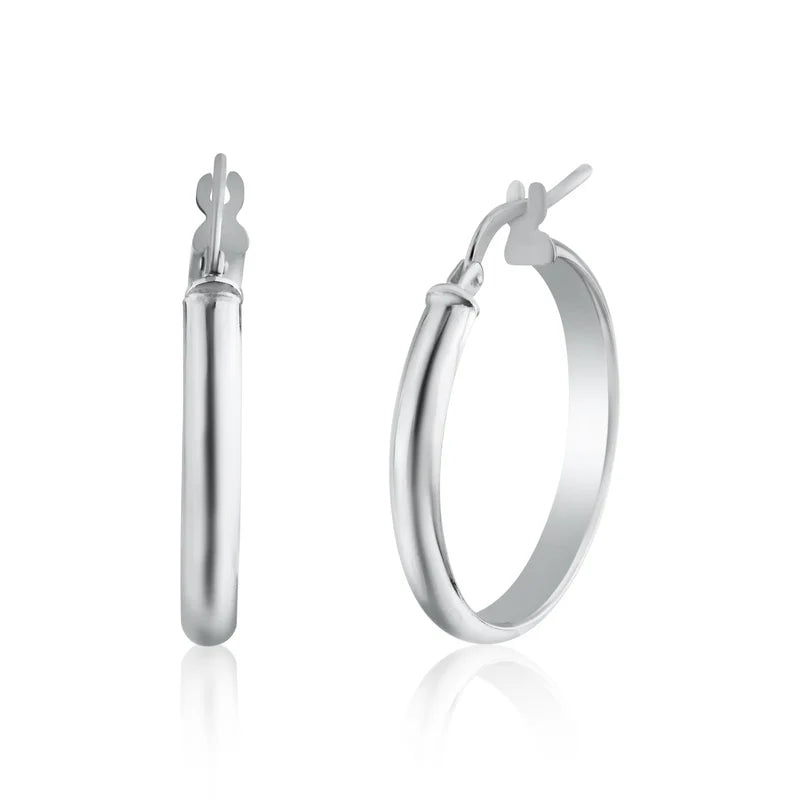 Rhodium Plated 925 Sterling Silver Silver Dome 3.5mm Hoop Earring