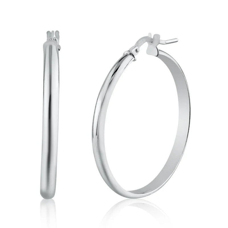 Rhodium Plated 925 Sterling Silver Silver Dome 3.5mm Hoop Earring