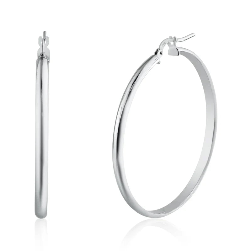 Rhodium Plated 925 Sterling Silver Silver Dome 3.5mm Hoop Earring