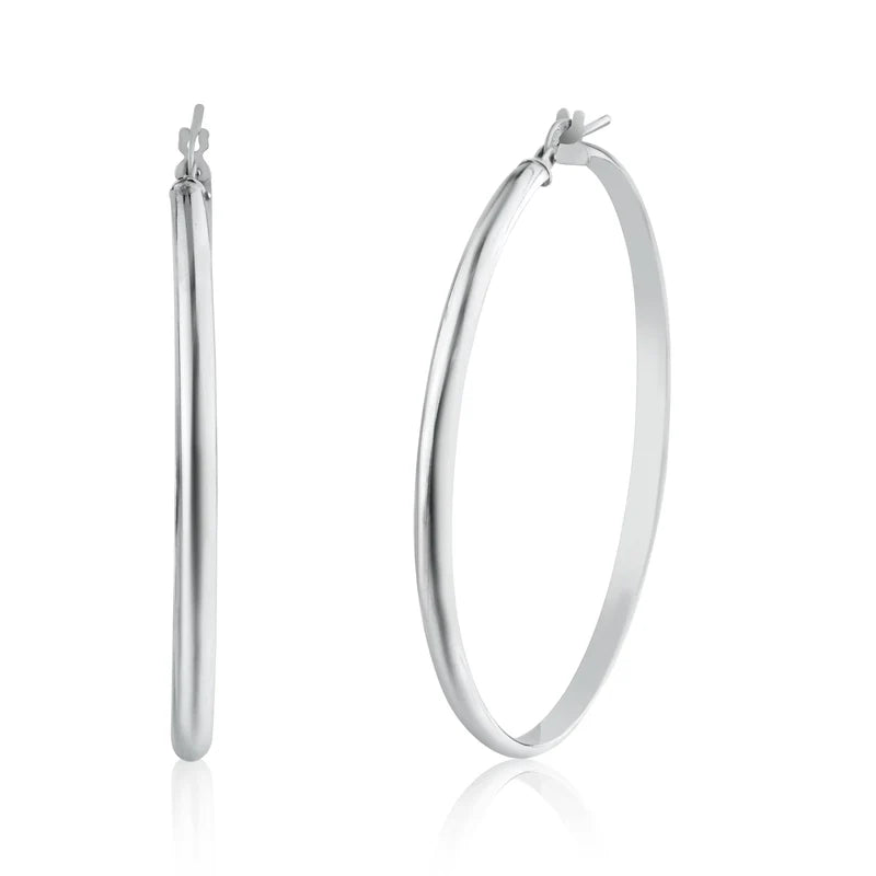 Rhodium Plated 925 Sterling Silver Silver Dome 3.5mm Hoop Earring