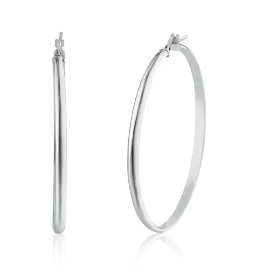 Rhodium Plated 925 Sterling Silver Silver Dome 3.5mm Hoop Earring