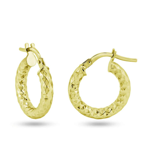 Gold Plated 925 Sterling Silver Silver 3mm Diamond Cut Textured Hoop Earrings