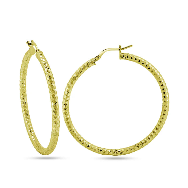 Gold Plated 925 Sterling Silver Silver 3mm Diamond Cut Textured Hoop Earrings