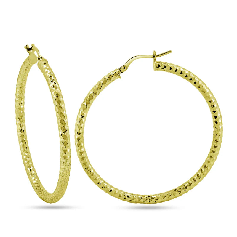 Gold Plated 925 Sterling Silver Silver 3mm Diamond Cut Textured Hoop Earrings
